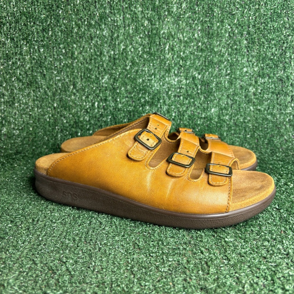 SAS Leather Triple Strap Buckle Comfort Leather Slide Sandal Tan Womens Sz 9.5 M